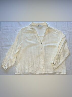 Zara Cream Linen Blend Button Down Shirt Gold Lurex Shimmer Beach Layering Piece